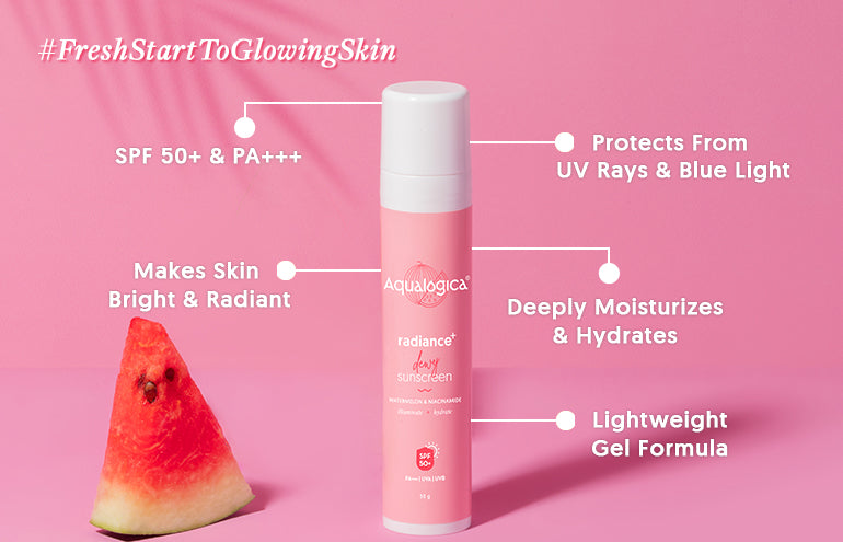 Aqualogica radiance+ dewy sunscreen watermelonm & niacinamide